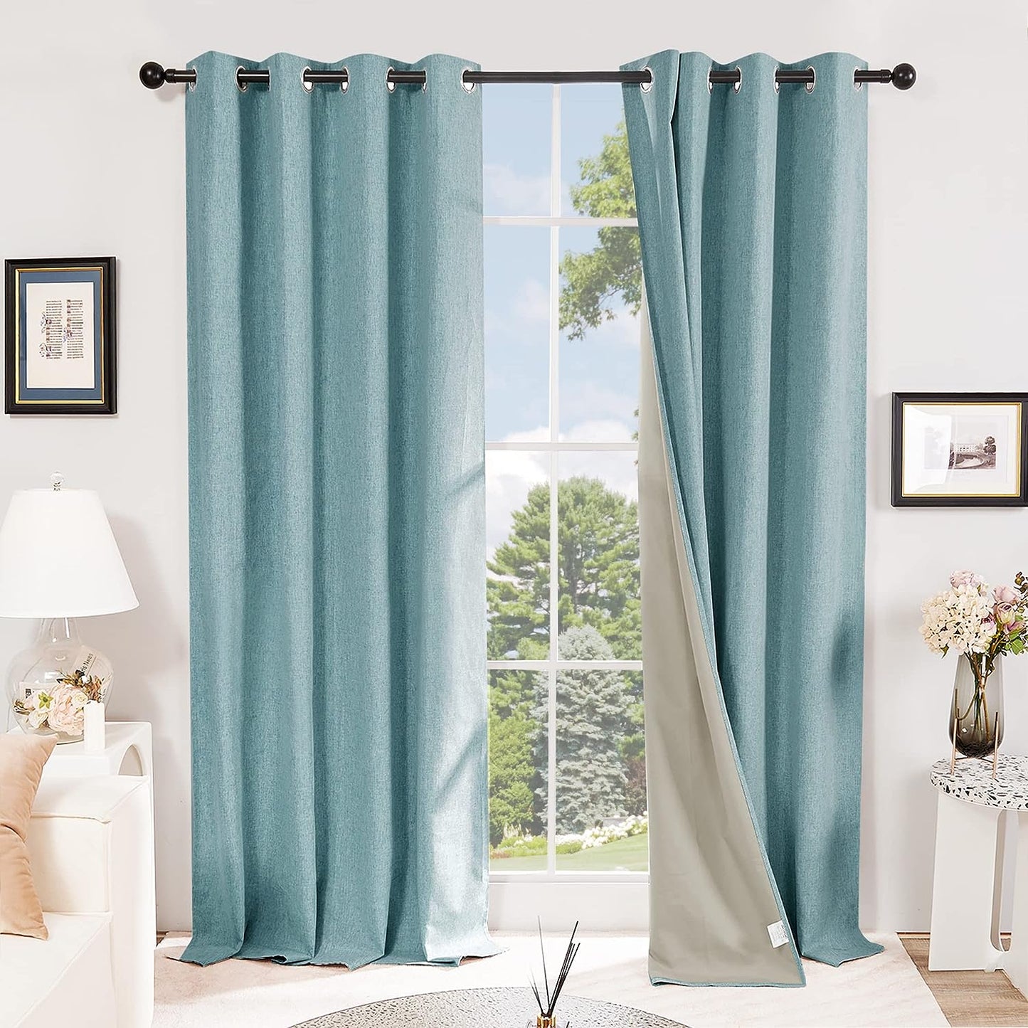 Deconovo Faux Linen Total Blackout Curtains 63 Inches Length, Light Blue, Grommet Thermal Insulated Curtain, Noise Reduction Draperies for Bedroom Living Room, 52" W X 63" L, 1 Pair  DECONOVO Teal 52Wx72L Inch 