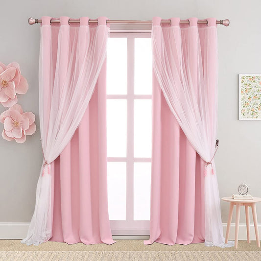 Pink Blackout Curtains 84 Inch Length - Double Layers Princess Girls Curtains & Draperies Panels for Kids Bedroom Living Room Nursery Pink Lace Hem Room Darkening Curtains, 2 Pcs  SOFJAGETQ Pink 52 X 96 