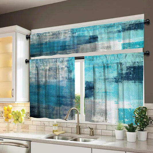 Turquoise Kitchen Curtains and Valances Set, Teal Kitchen Window Curtain Set,Abstract Art Oil Painting Half Window Tier Curtains for Kitchen Café, Laundry, Bedroom(36" Tiers Set，3 Panels)