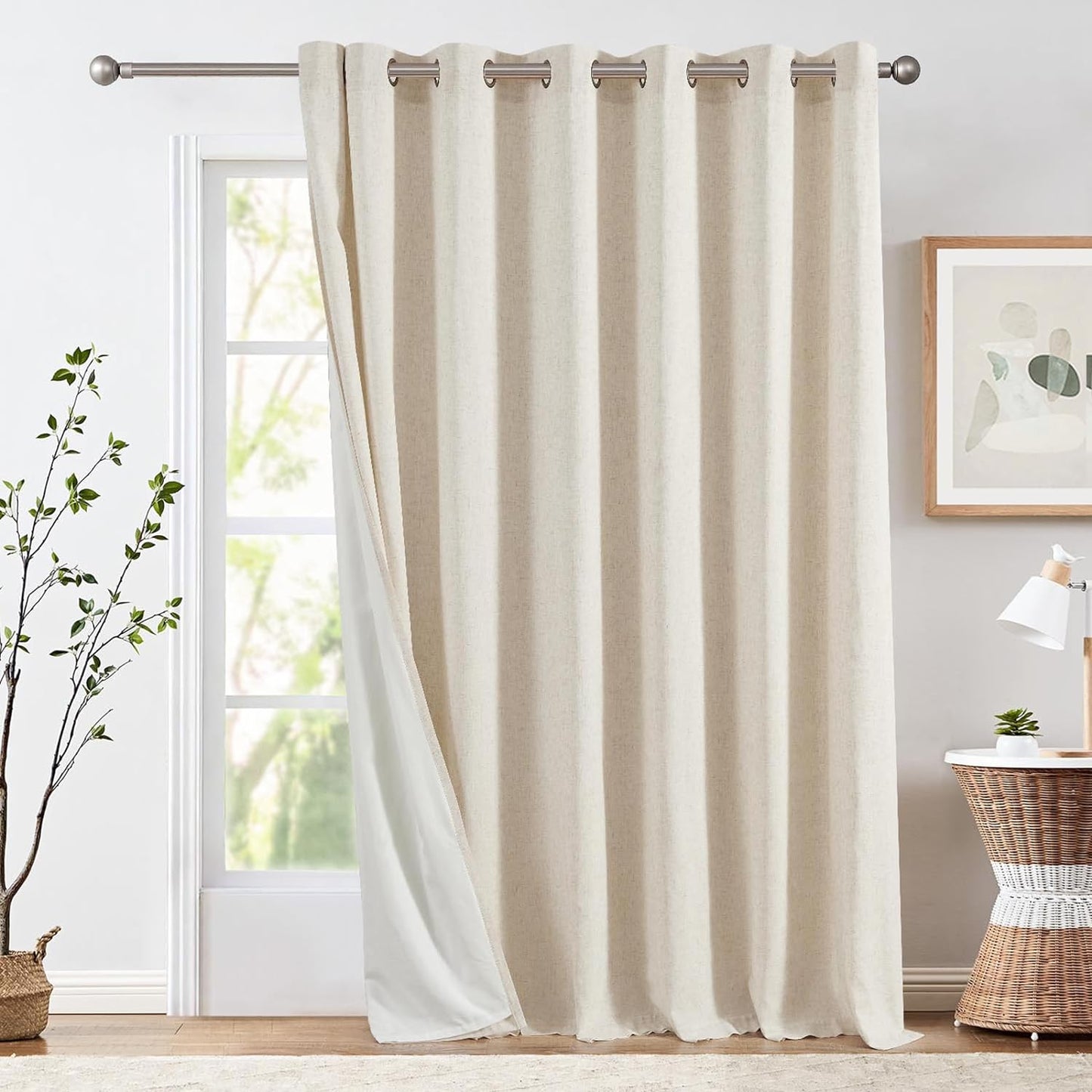 Jinchan Linen Beige Curtain 100 Inch Extra Wide for Patio Sliding Glass Door Room Divider Farmhouse Grommet Top Light Filtering Window Drape for Bedroom 100X84 Crude 1 Panel  CKNY HOME FASHION Lined Crude W100 X L96 