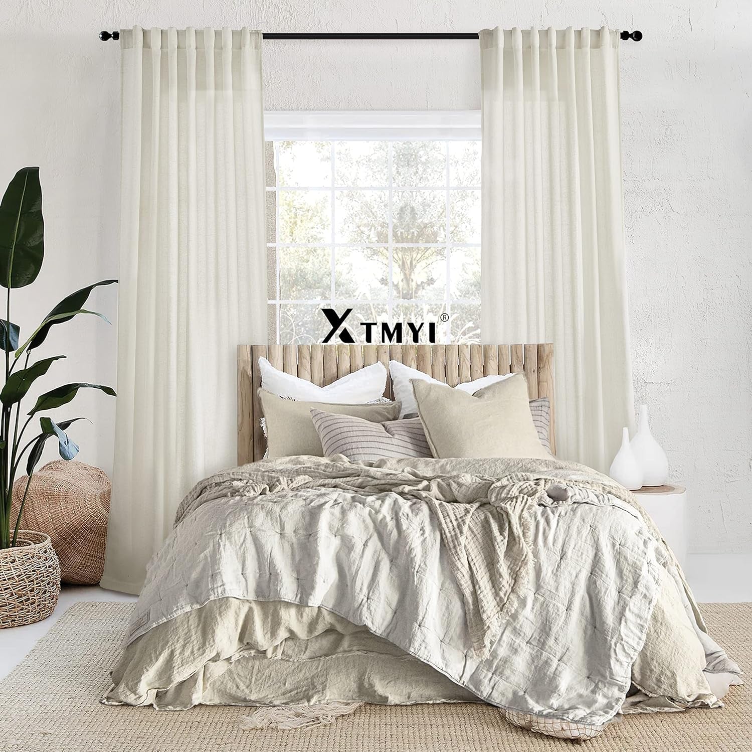 XTMYI Linen Cotton Farmhouse Curtains for Living Room Bedroom 84 Inches Long Two Sheer Hook Belt Pleated Back Tab Birch off White Ivory Neutral Boho Sour Cream Curtain Drapes 84 Length 2 Panels Set  XTMYI   