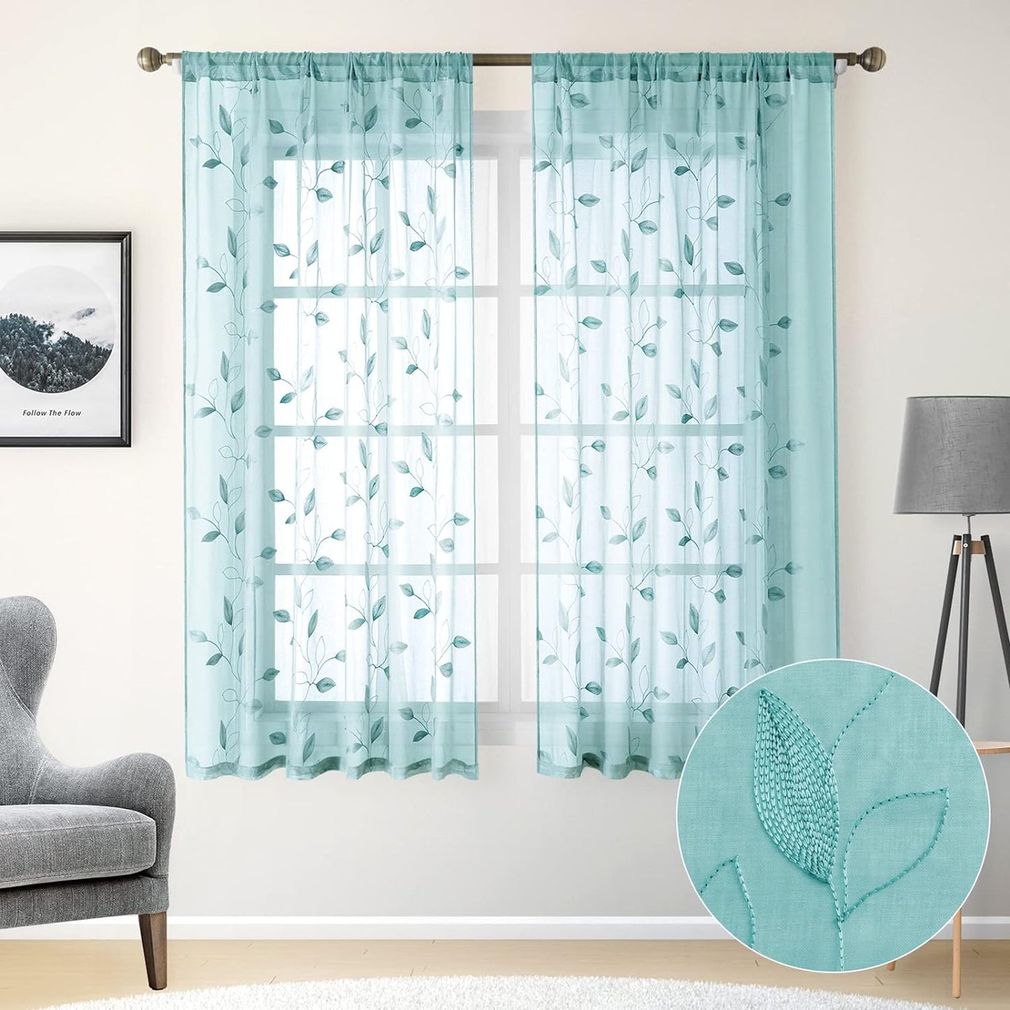 HOMEIDEAS Sage Green Sheer Curtains 52 X 63 Inches Length 2 Panels Embroidered Leaf Pattern Pocket Faux Linen Floral Semi Sheer Voile Window Curtains/Drapes for Bedroom Living Room  HOMEIDEAS 5-Turquoise W52" X L63" 