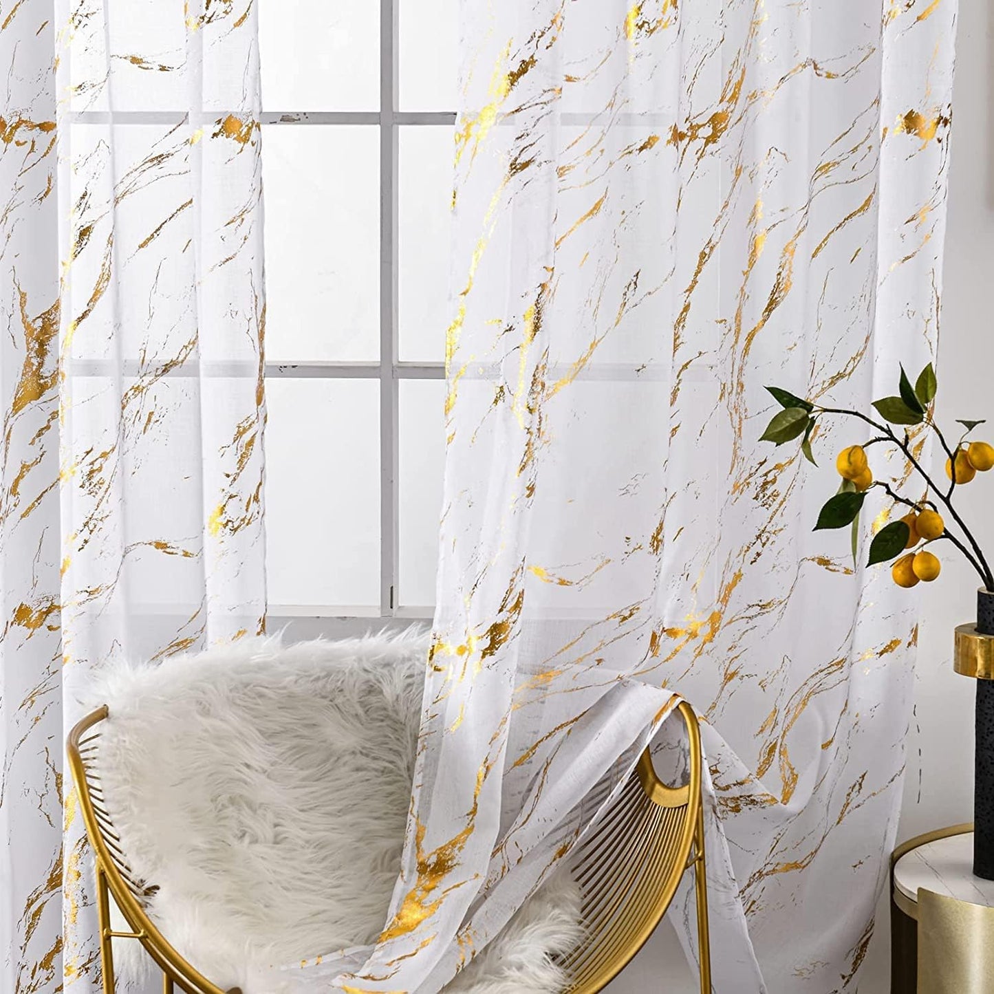 Sutuo Home Marble White Sheer Curtains 84 Inch Length, Gold Foil Print Metallic Bronzing, Privacy Window Treatment Decor Abstract Drape Pair 2 Panels Set for Bedroom Kitchen Living Room 52" W X 84" L  Sutuo Home Gold And White 52" W X 108" L, 2 Panels 