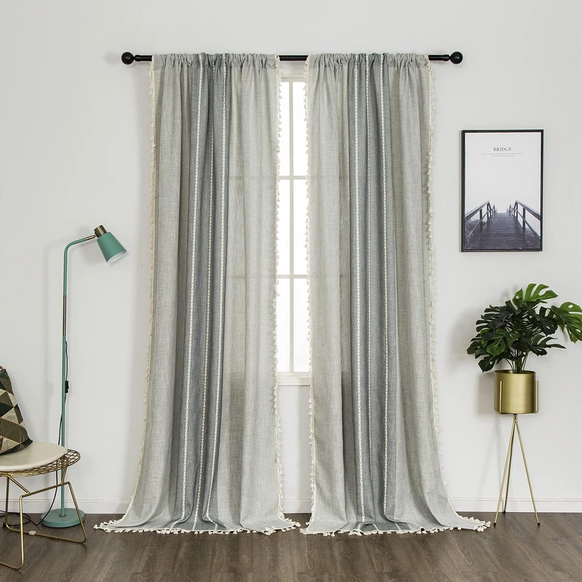 Amidoudou 1 Pair Cotton Linen Boho Curtains with Tassel, Farmhouse Curtains for Bedroom Living Room (Beige and Coffee, 2 X 54 X 96 Inch)  Amidoudou Light Gray And Gray 2 X 54" X 84" 