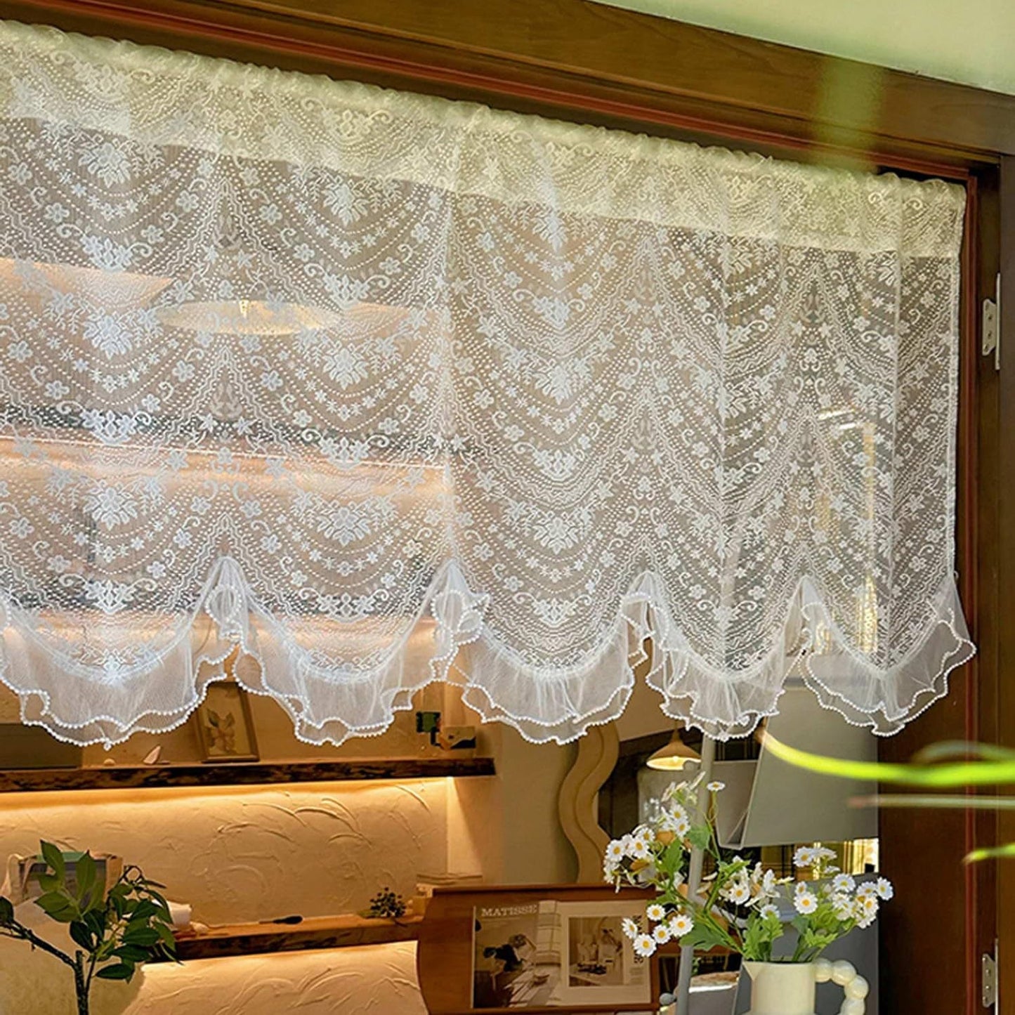 Elegant Ivory Lace Short Curtains Half Curtains with Beads for Kitchen Small Window Ruffled Valance Semi Sheer Tulle Small Curtain Tiers 1 Panel 22 Inch Wide X 24 Inch Long
