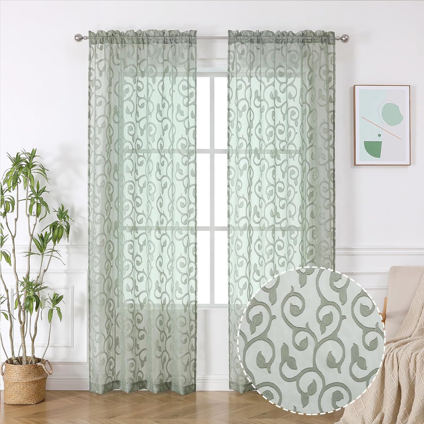 OWENIE Furman Sheer White Curtains 84 Inches Long for Bedroom Living Room 2 Panels Set, White Curtains Jacquard Clip Light Filtering Semi Sheer Curtain Transparent Rod Pocket Window Drapes, 2 Pcs  OWENIE Sage Green 40W X 84L 