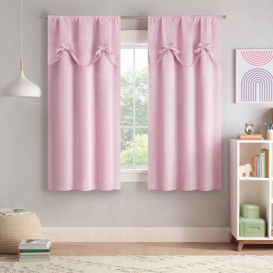 ECLIPSE KIDS Blackout Curtain, Kids Curtain with Bow Tie up Valance, 63 in X 40 In, Thermaback 100% Blackout Curtain with Rod Pocket Header, Curtain for Kids Room or Playroom, 1 Window Curtain, Pink  Keeco LLC Pink 63" X 40" 