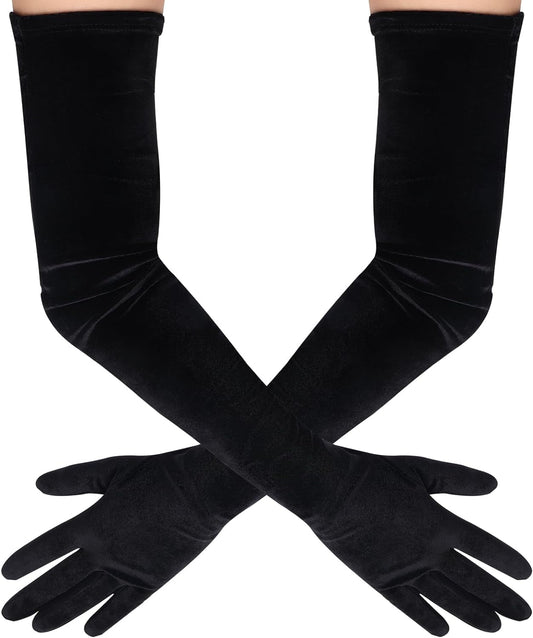 Black Long Velvet Gloves Elbow Length Gloves 1920S Opera Gloves for Women Fancy Long Satin Gloves Black Bridal Gloves Wedding Gloves Dress Gloves Flapper Opera Party Evening Gloves