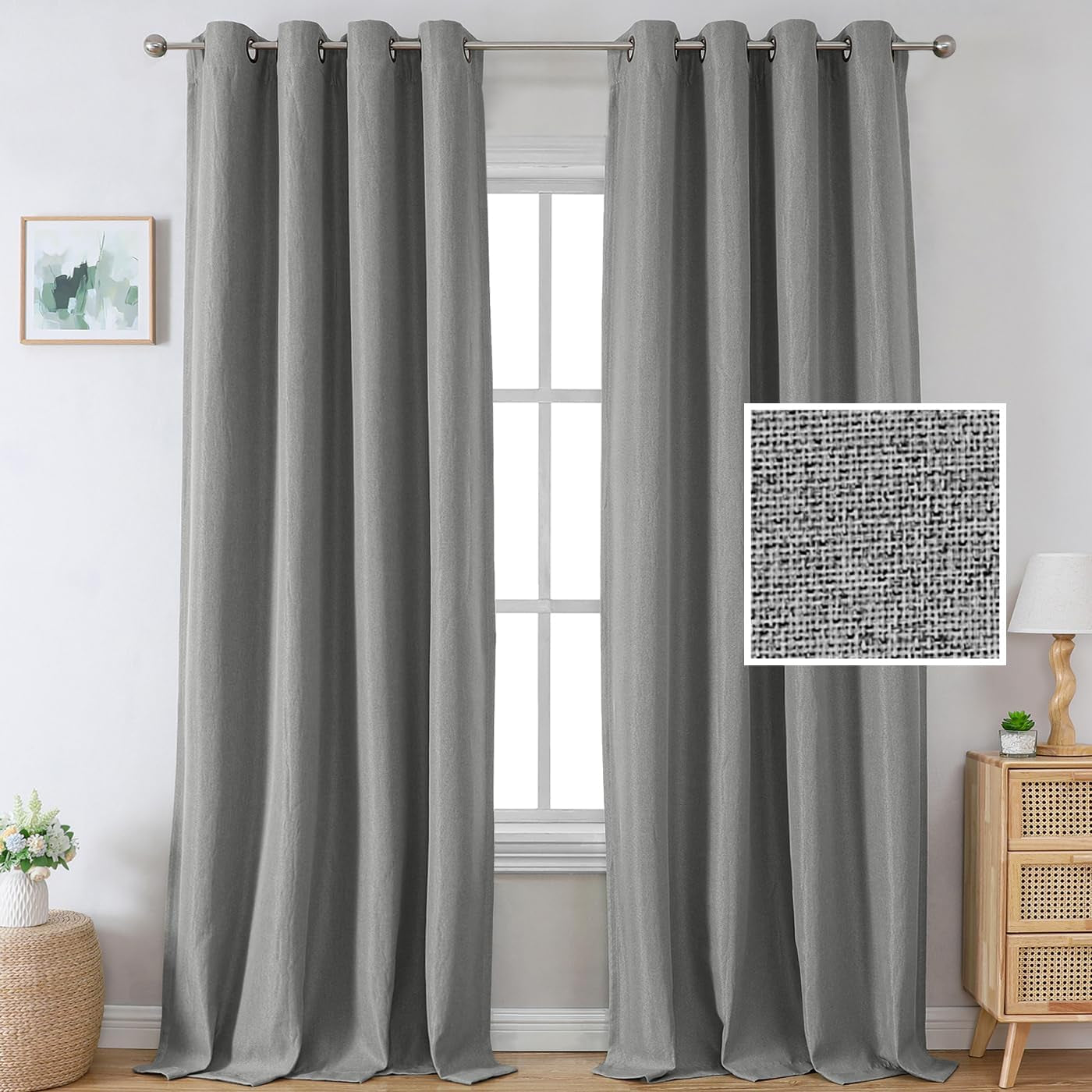 H.VERSAILTEX Linen Blackout Curtains 84 Inches Long Thermal Insulated Room Darkening Linen Curtains for Bedroom Textured Burlap Grommet Window Curtains for Living Room, Bluestone and Taupe, 2 Panels  H.VERSAILTEX Grey 52"W X 96"L 