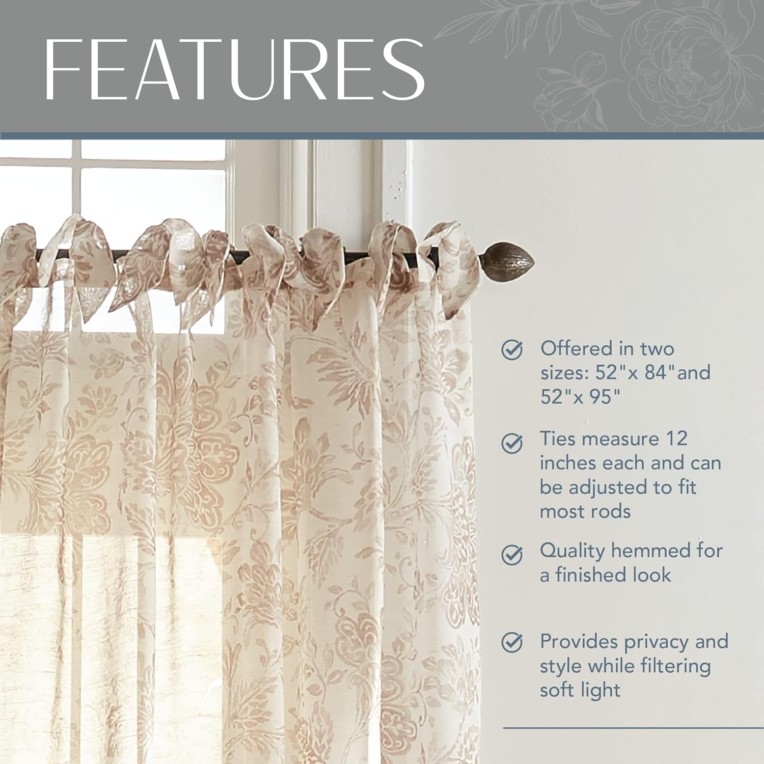 Elrene Home Fashions Fashions Westport Floral Tie-Top Sheer Window Curtain, 95.00" X 52.00", Flax  Elrene Home Fashions   