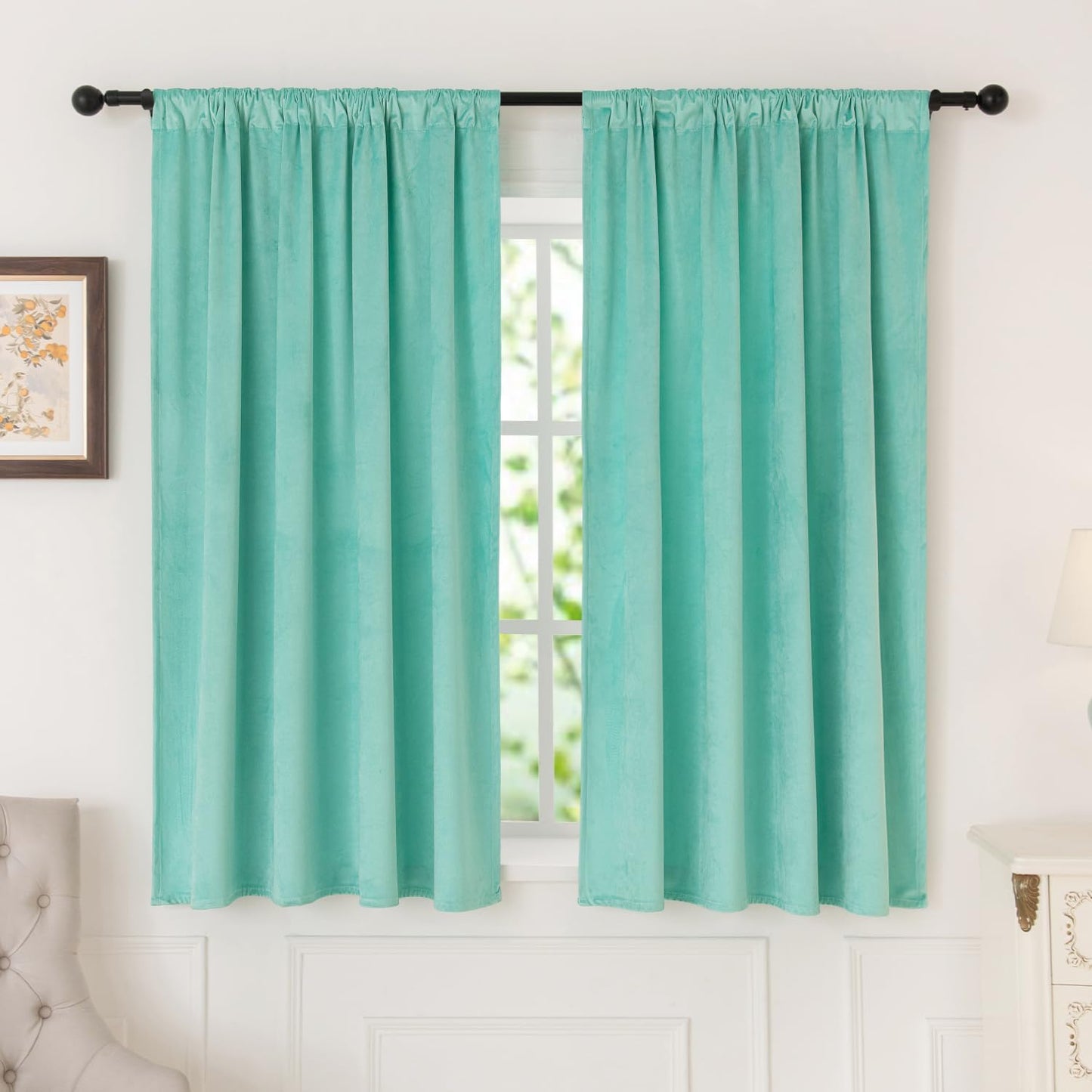 Nanbowang Green Velvet Curtains 63 Inches Long Dark Green Light Blocking Rod Pocket Window Curtain Panels Set of 2 Heat Insulated Curtains Thermal Curtain Panels for Bedroom  nanbowang Aqua 52"X63" 