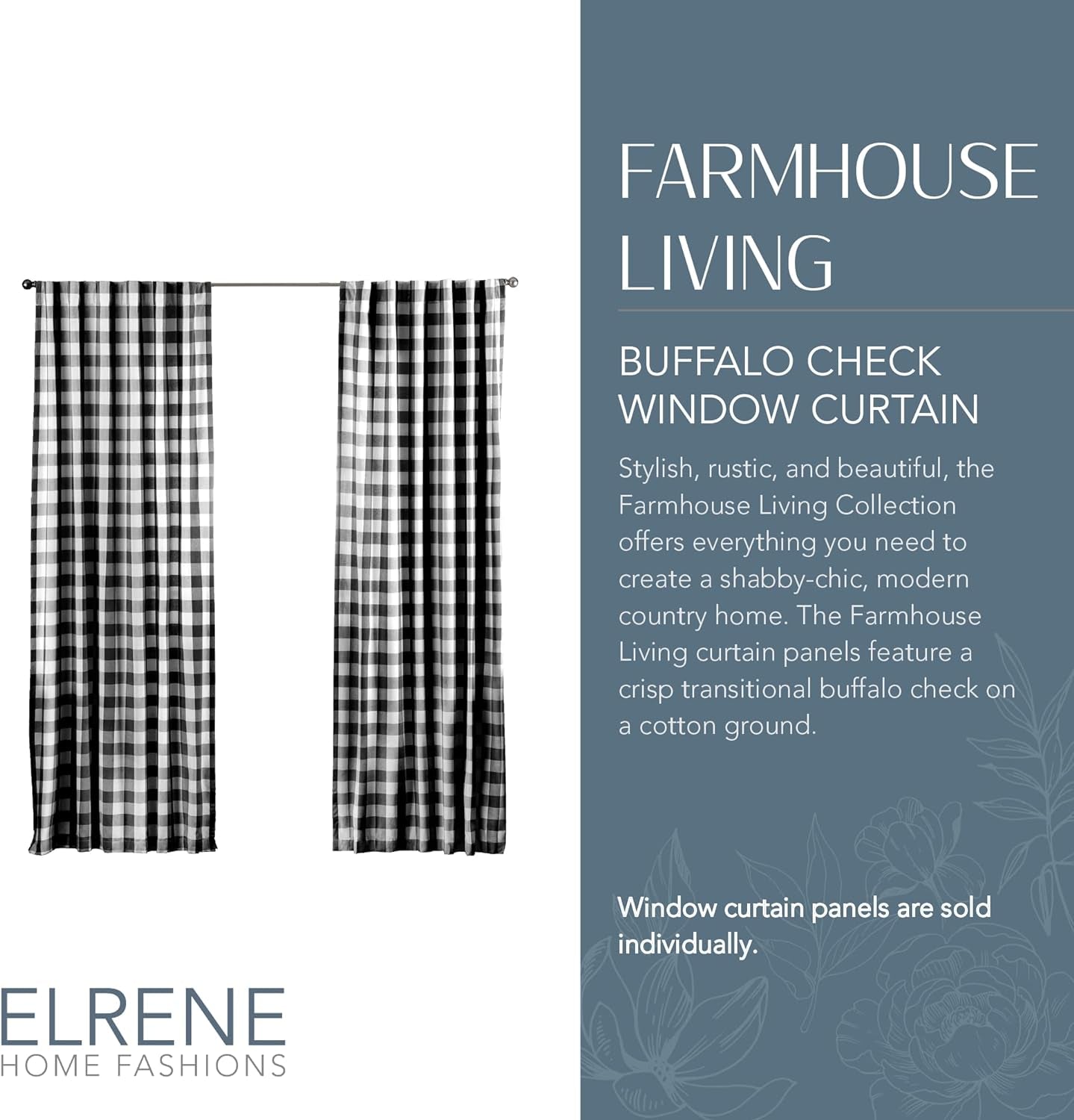 Elrene Home Fashions Farmhouse Living Buffalo-Check Window Curtain Panel, (Black), (52X95)  Elrene Home Fashions   