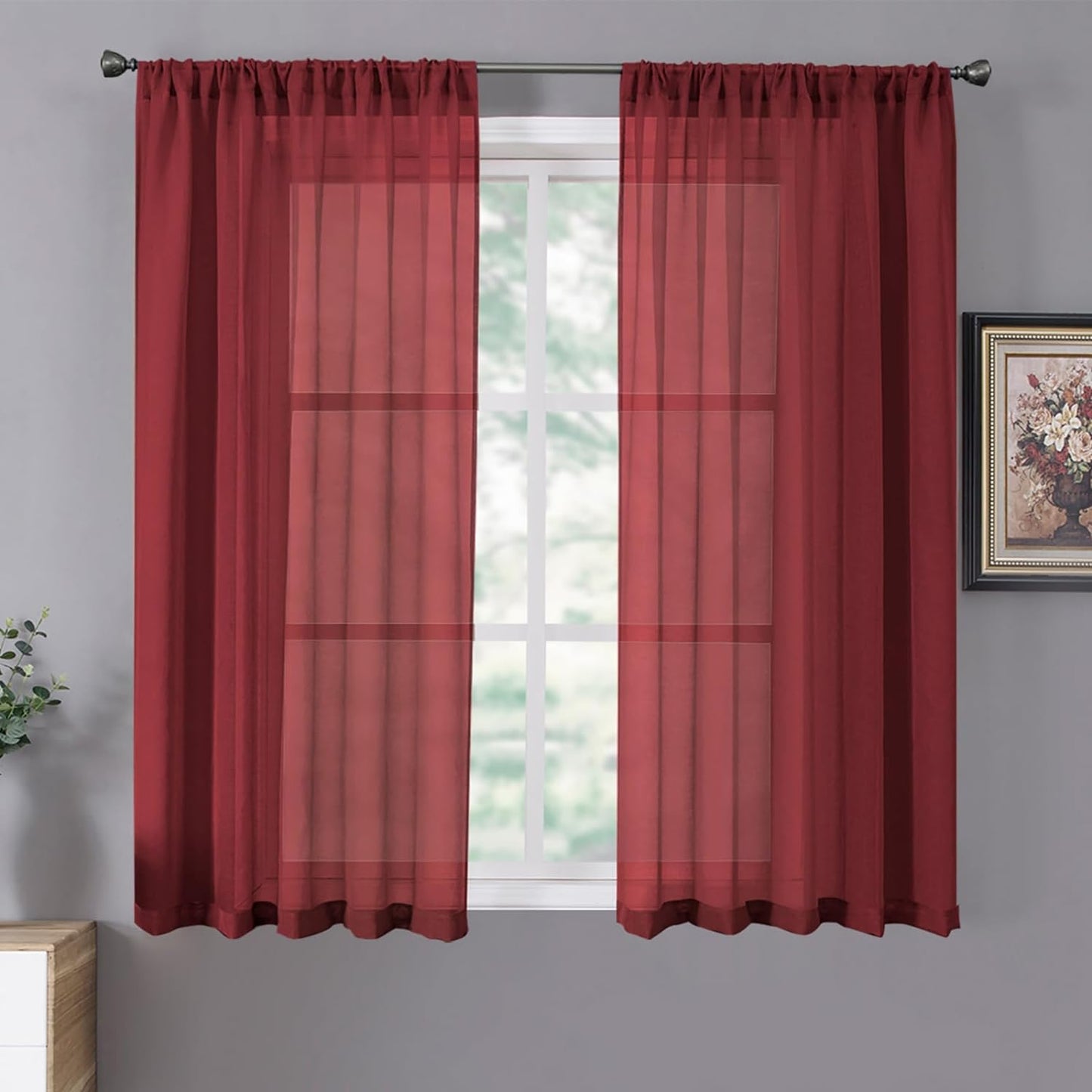 Tollpiz Short Sheer Curtains Linen Textured Bedroom Curtain Sheers Light Filtering Rod Pocket Voile Curtains for Living Room, 54 X 45 Inches Long, White, Set of 2 Panels  Tollpiz Tex Burgundy Red 54"W X 54"L 