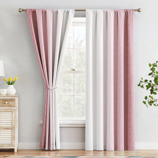 Geomoroccan Ombre 100% Blackout Curtains 84 Inches Long, Pink and White 2 Tone Reversible Window Treatments for Bedroom Living Room, Linen Gradient Print Rod Pocket Drapes 52" W 2 Panel Sets  Geomoroccan Pink 52"X95"X2 