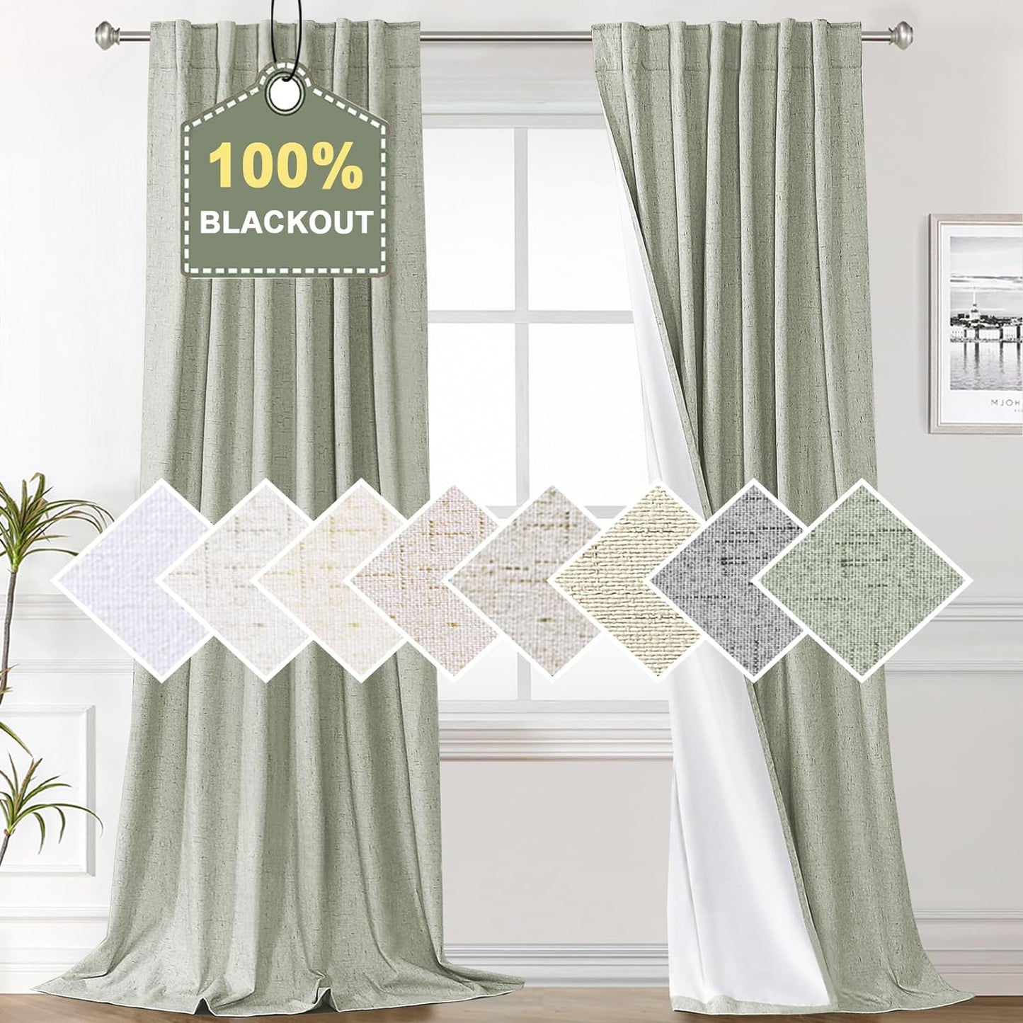 H.VERSAILTEX 100% Blackout Curtains 96 Inches Long Thermal Insulated Linen Blackout Curtains for Bedroom 96 Length, Boho Farmhouse Curtains & Drapes for Living Room - Natural, W52 X L96, 2 Panels  H.VERSAILTEX Sage 52"W X 84"L 