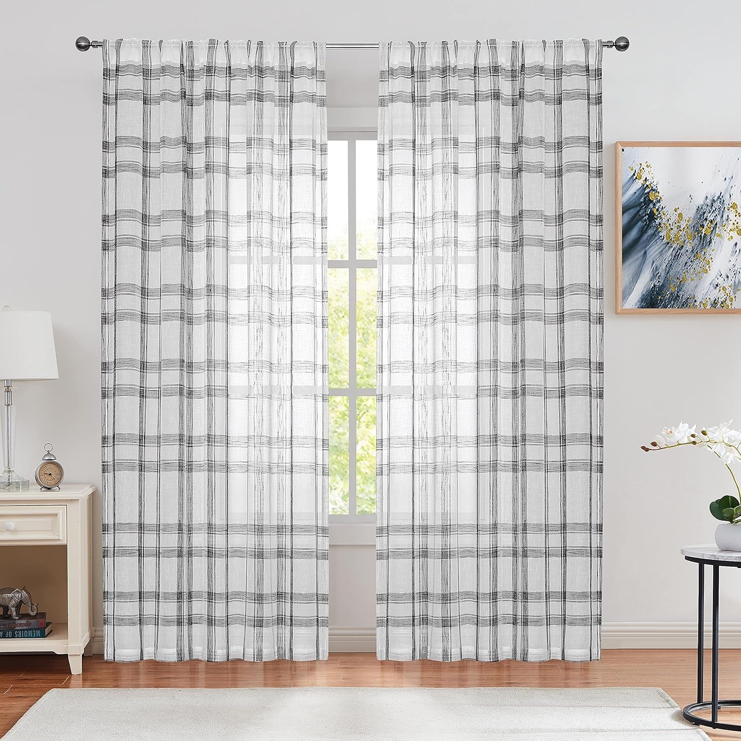 Randall Geometric Check Curtain Panel 95 Inches Long for Living Room Linen Blend Semi Sheer Backtab Rod Pocket Farmhouse Style Window Treatment Drape Sets for Bedroom, 54Wx95Lx2, Blue/White  Randall Black 54"X84"X2 