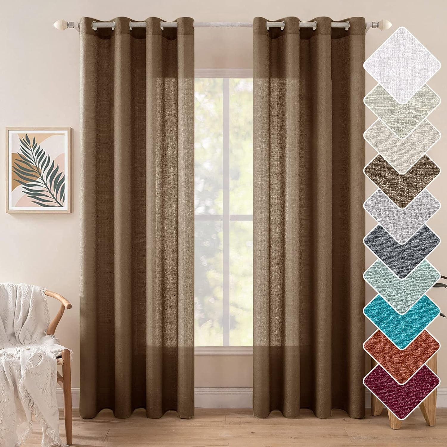 MIULEE Burnt Orange Linen Semi Sheer Curtains 2 Panels for Living Room Bedroom Linen Textured Light Filtering Privacy Window Curtains Terracotta Grommet Drapes Rust Boho Fall Decor W 52 X L 84 Inches  MIULEE Grommet | Chocolate Brown W52 X L96 