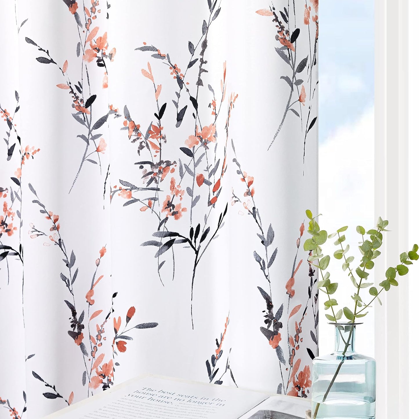 MYSKY HOME Living Room Curtains 84 Inches Long Floral Curtains Light Filtering Thermal Insulated Soft for Dining Room Farmhouse Leaf Grommet Curtains Home Decoration, Set of 2 Panels, Navy Blue  MYSKYTEX Coral 52"W X 108"L 