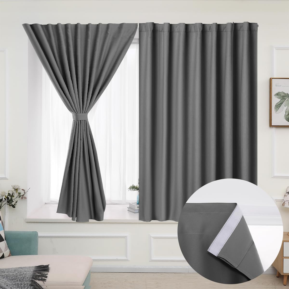 Muamar 2Pcs Blackout Curtains Privacy Curtains 63 Inch Length Window Curtains,Easy Install Thermal Insulated Window Shades,Stick Curtains No Rods, Black 42" W X 63" L  Muamar Grey 42"W X 63"L 
