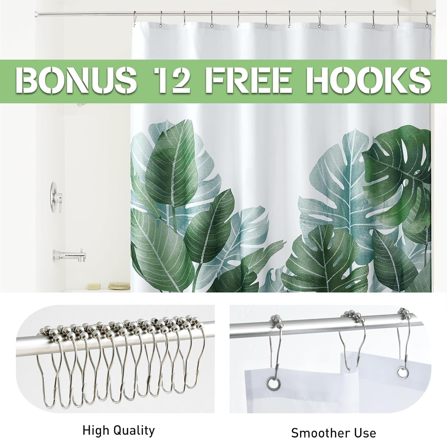 KGORGE Shower Curtains for Bathroom - Tropical Leaves Plant on White Background Odorless Curtain for Bathroom Showers and Bathtubs Spa Dorm, W 72 X L 96 Inches Long, Hooks Included