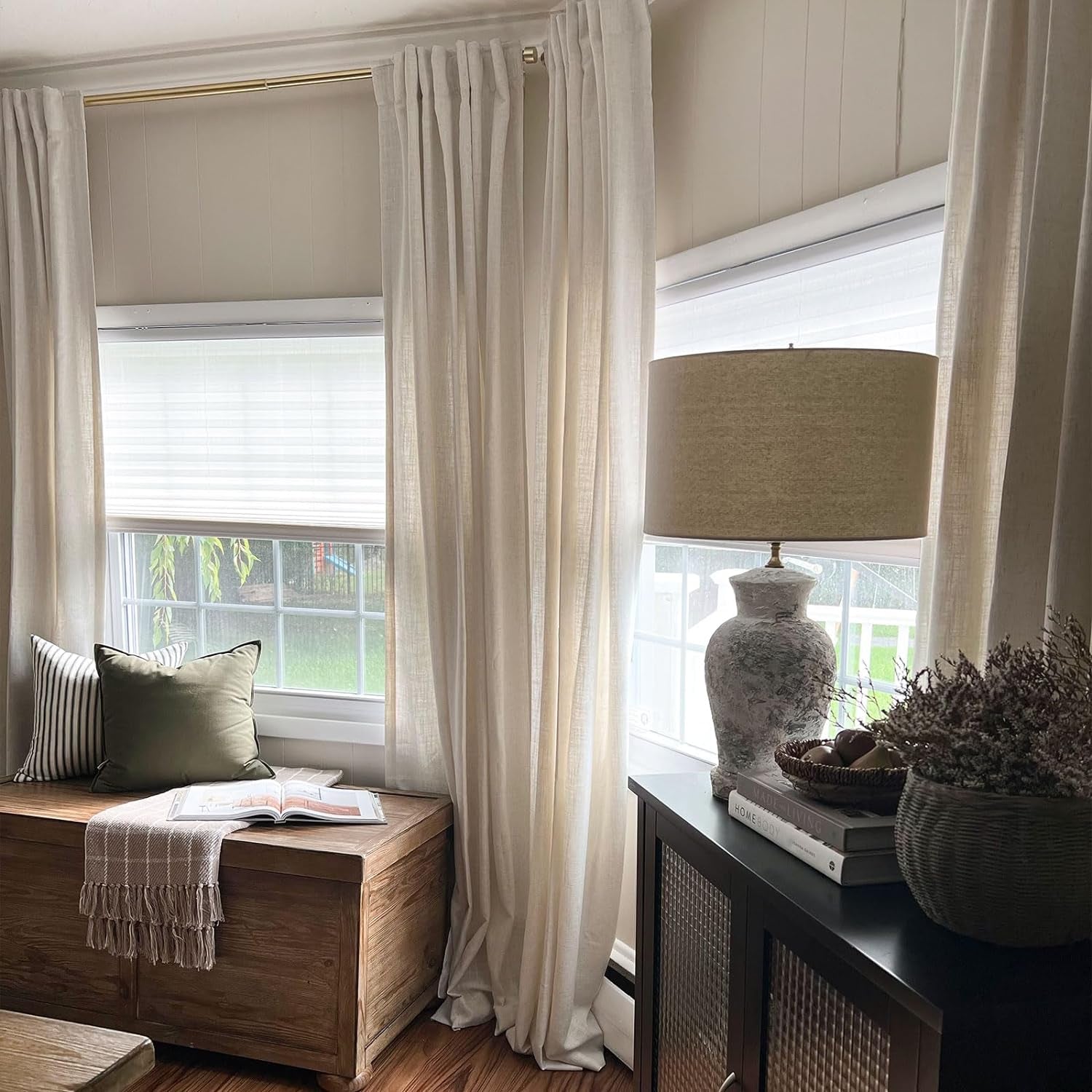 INOVADAY Beige White Linen Curtains 96 Inches Long for Living Room Bedroom, Back Tab Sheer Privacy Curtains 96 Inch Length 2 Panels, Light Filtering Farmhouse Curtains & Drapes Cream Colored, W50Xl96  INOVADAY   