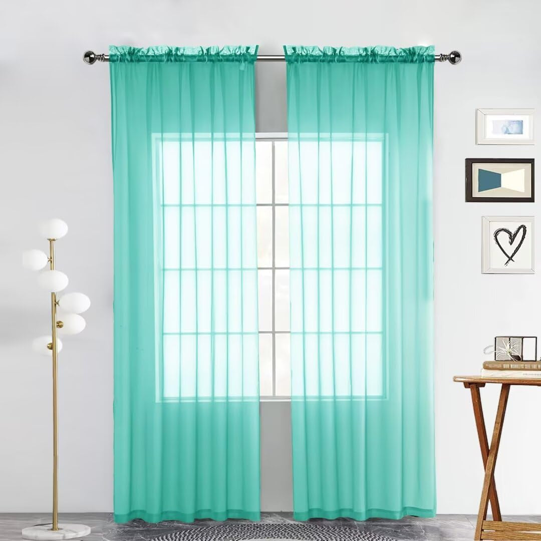 Spacedresser Basic Rod Pocket Sheer Voile Window Curtain Panels White 1 Pair 2 Panels 52 Width 84 Inch Long for Kitchen Bedroom Children Living Room Yard(White,52 W X 84 L)  Lucky Home Turquoise 52 W X 96 L 