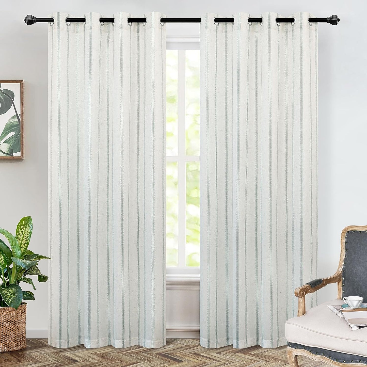 Driftaway Farmhouse Linen Blend Blackout Curtains 84 Inches Long for Bedroom Vertical Striped Printed Linen Curtains Thermal Insulated Grommet Lined Treatments for Living Room 2 Panels W52 X L84 Grey  DriftAway Light Jade Green 52"X84" 