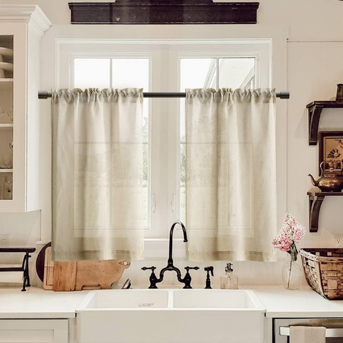 XTMYI off White Semi Sheer Short Curtains Rod Pocket Kitchen Neutral Linen Textured Casual Weave Cafe Half Cream Ivory Small Window Treatments 36 Inches Long for Travel Bathroom Laundry Room 2 Panels  XTMYI TEXTILE Linen 26X24 