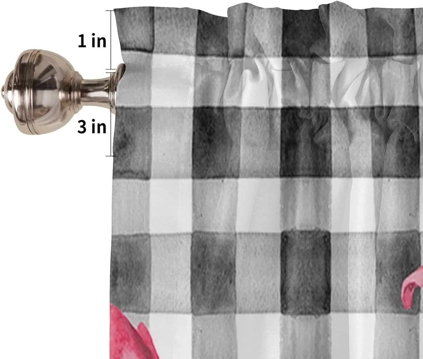 Curtain Valance for Window Watercolor Pink Tulip Black White Buffalo Plaid Rod Pocket Valance Drapes Window Treatment for Kitchen Living Room Bedroom Holiday Decoration 54X18Inch