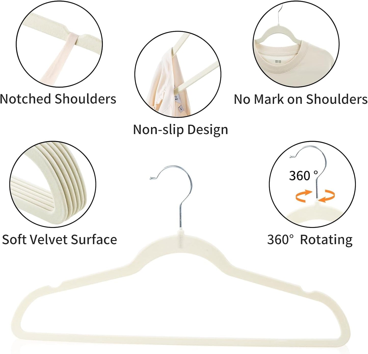 ELONG HOME Velvet Hangers 50 Pack, Beige Slim Felt Hangers with 360° Swivel Hook, Non Slip Skinny Hangers Heavy Duty Adult Hangers for Coats, Pants & Dress Clothes