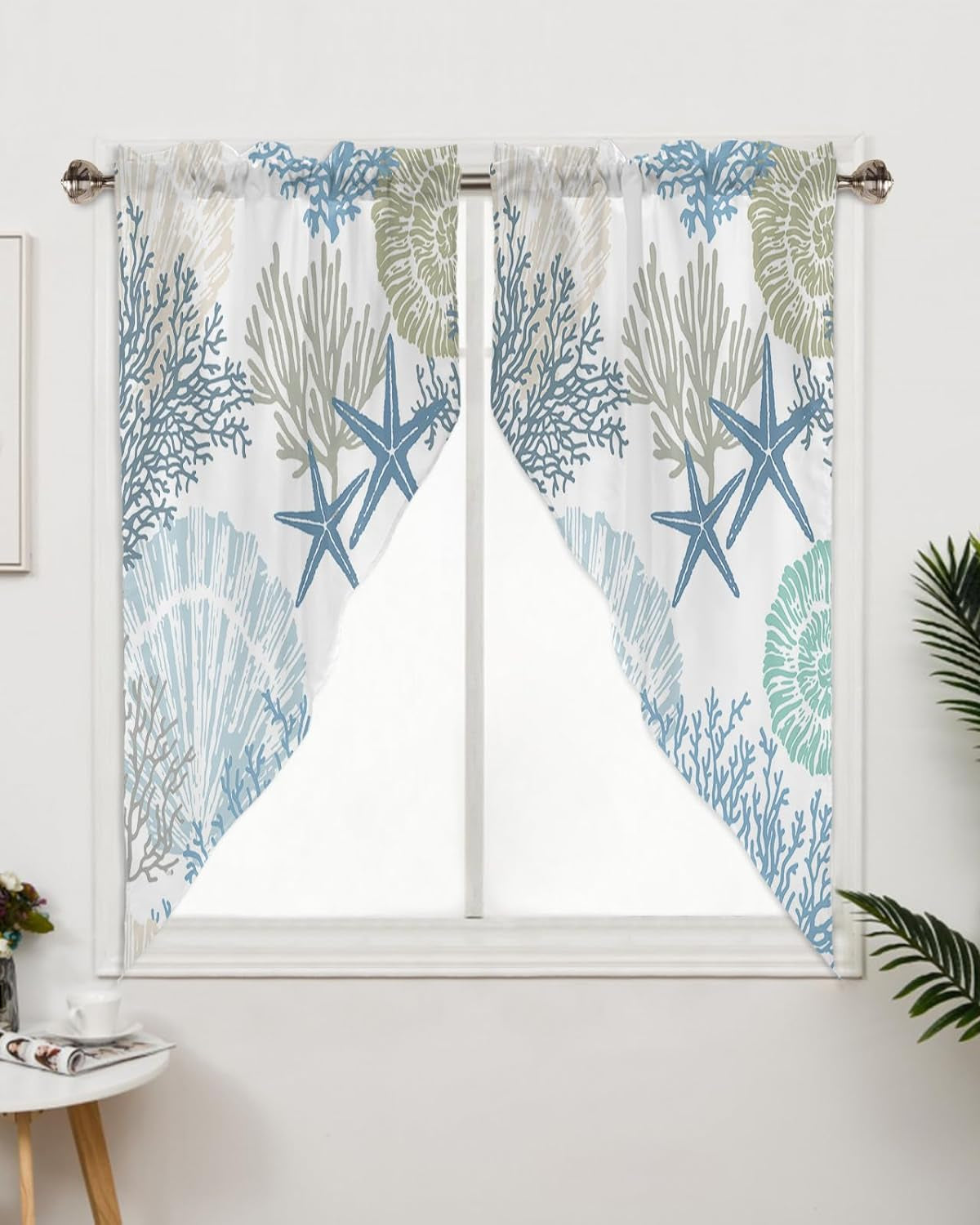 Swag Curtain,Ocean Theme Coral Shell Starfish Kitchen Valances Rod Pocket Curtains Tier Pair Swag Topper,Teal Blue Marine Sealife 2 Panels Window Treatment for Bathroom Living Room Bedroom