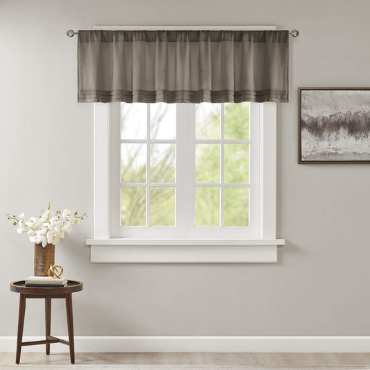 Madison Park Emily Solid Pleated Rod Pocket Valance , Classic Faux Silk Valances for Window , 50X18" , Pewter