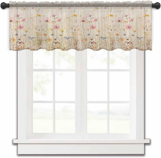 Botanical Wildflower Valance Curtains for Kitchen/Living Room/Bathroom/Bedroom Window,Rod Pocket Small Topper Half Short Window Curtains Voile Sheer Scarf, 54"X18" Retro Colored Spring Floral Herb