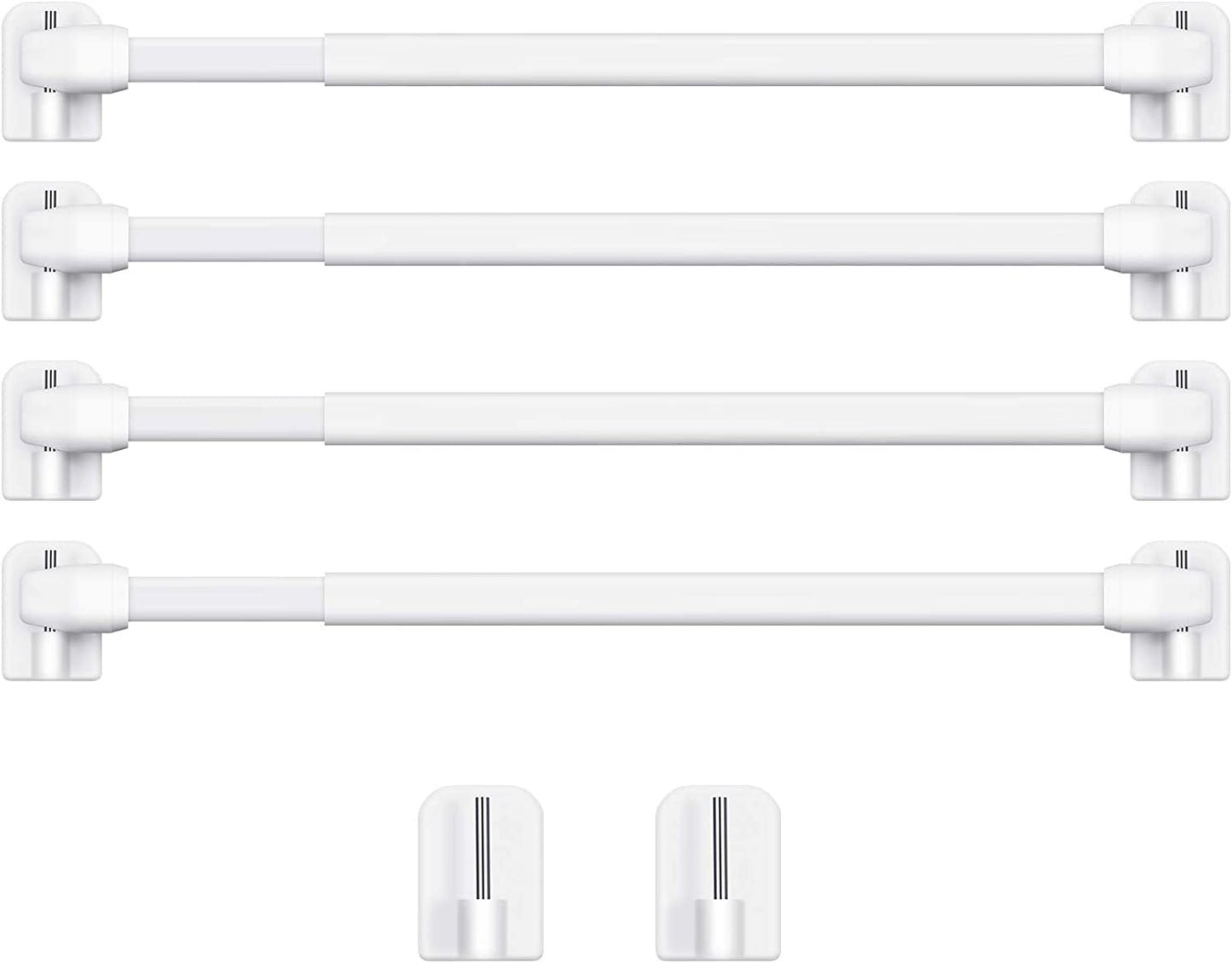 4 Pieces Extendable Curtain Rod Cupboard Bars Tensions Adjustable Plastic with 10 Self Adhesive Hooks for Home Bathroom Hotel Supply (15.7 to 27.5 Inch, White)
