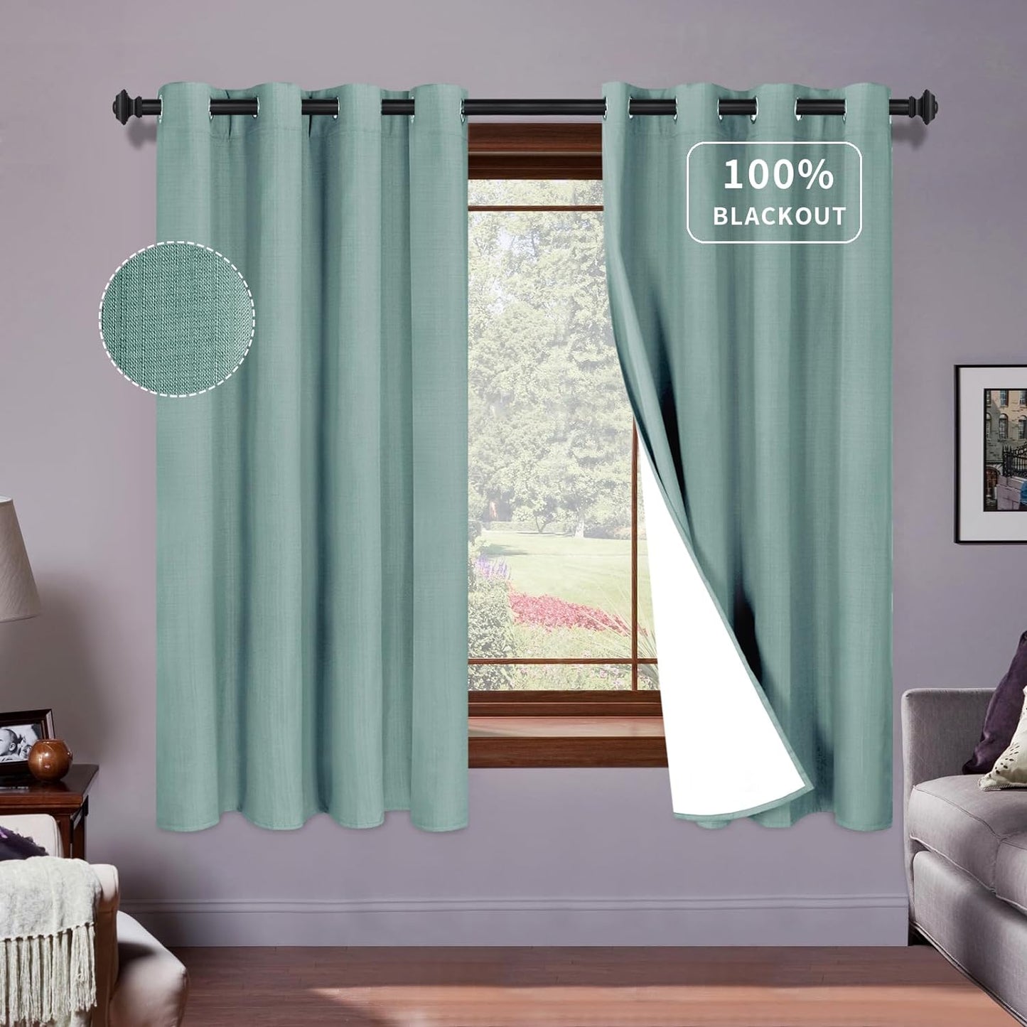 Purefit White Linen Blackout Curtains 84 Inches Long 100% Room Darkening Thermal Insulated Window Curtain Drapes for Bedroom Living Room Nursery with Anti-Rust Grommets & Energy Saving Liner, 2 Panels  PureFit Dusk Blue 52"W X 63"L 